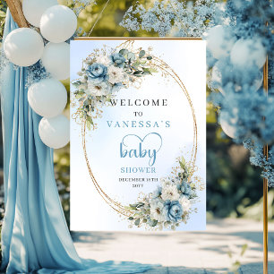 Baby Shower Porch Sign Dusty Blue Flowers Gold 
