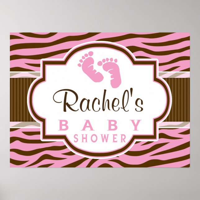 Baby shower Poster de animal Brown, Pink Zebra Str (Devant)
