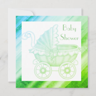 BABY SHOWER PRAM vintage INVITATION vert bleu