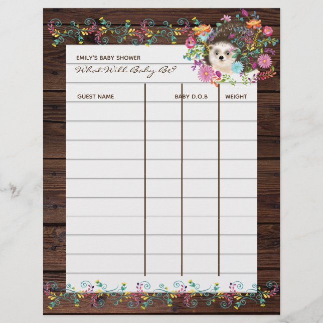 Baby Shower Prediction Game - Hedgehog Flowers (Front)
