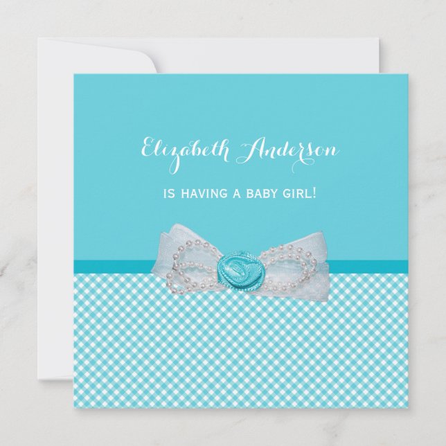 Baby Shower Pretty Aqua Gingham Cute Blue Bow Invitation (Front)