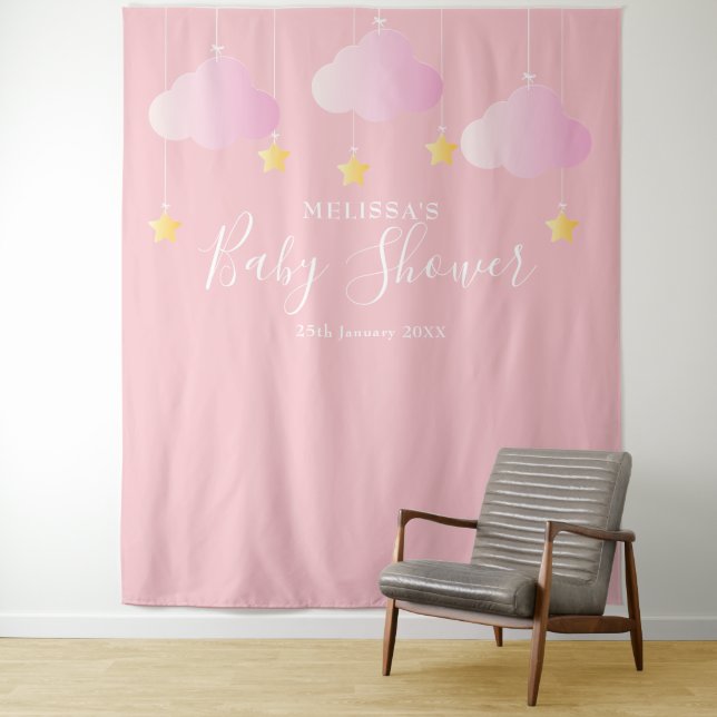 Baby Shower Pretty Pink Photo Booth Backdrop Tapestry (In Situ)