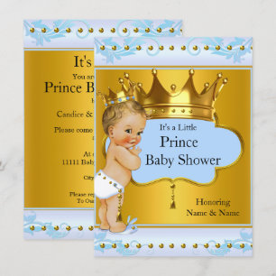 Baby Shower Prince Boy Blue Gold Crown Blonde Invitation