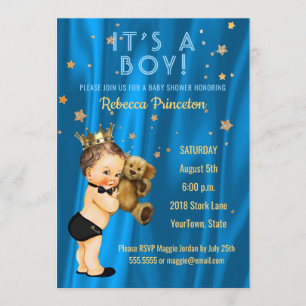 Baby shower Prince Boy Invitation Blue Gold Stars