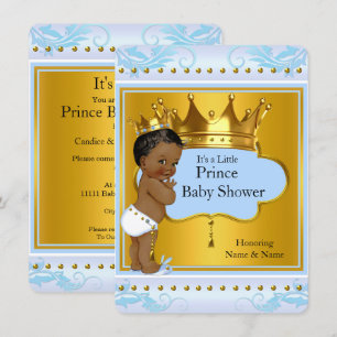 Baby Shower Prince Cute Boy Blue Gold Crown Ethnic Invitation