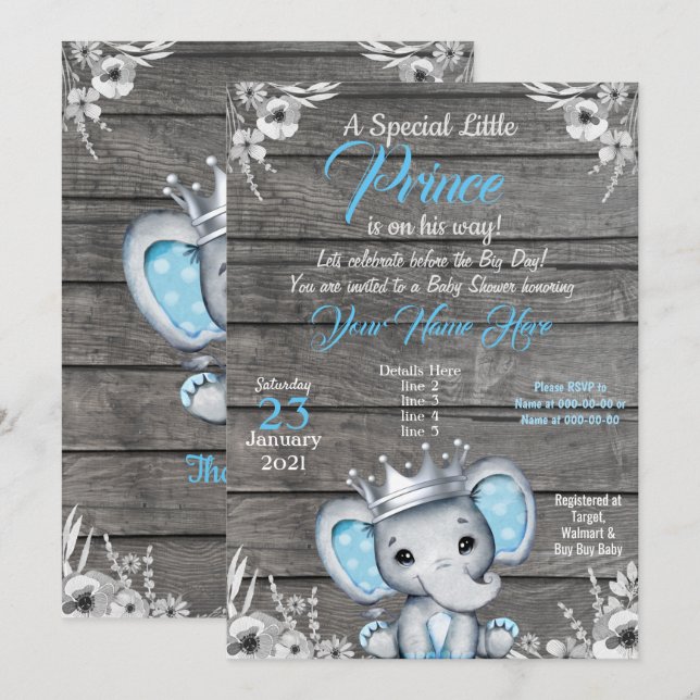 Baby shower Prince Elephant Invitation Silver Blue (Devant / Derrière)