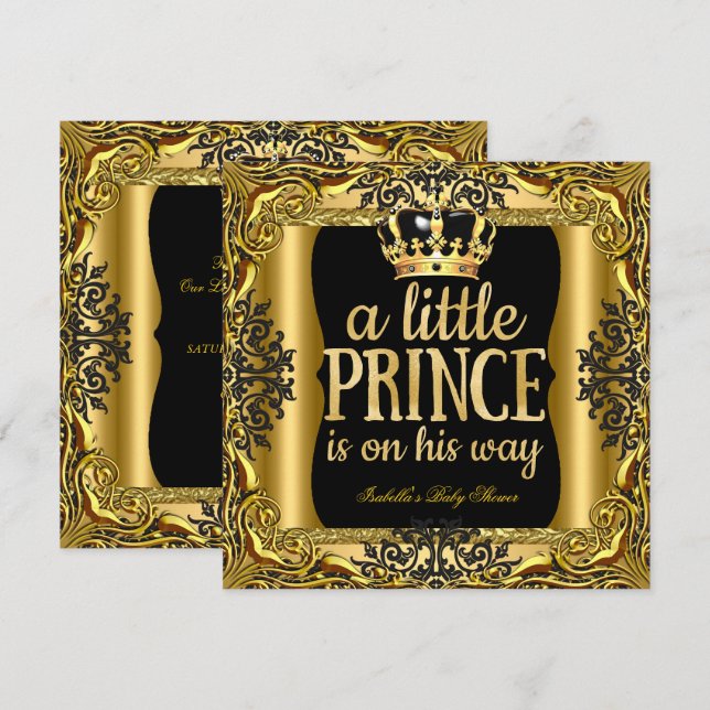 Baby Shower Prince on the way Gold Black Invitation (Front/Back)
