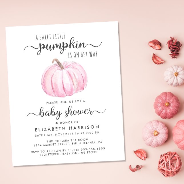 Baby Shower Pumpkin Pink Watercolor Invitation (Celebrate the upcoming arrival of your sweet little autumn baby with a pumpkin-themed baby shower)