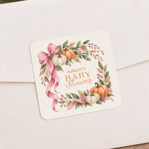 Baby Shower Pumpkin Watercolor Pink Bow Fall Square Sticker