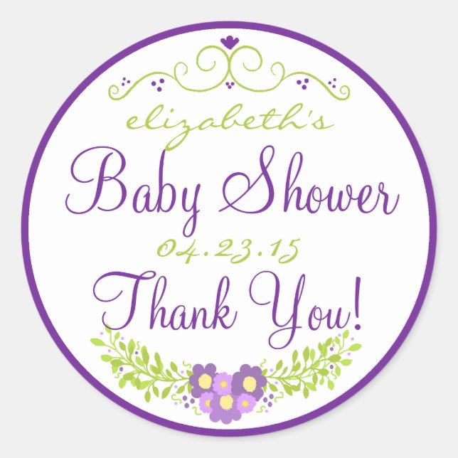 Baby Shower Purple Floral Thank You Classic Round Sticker (Front)
