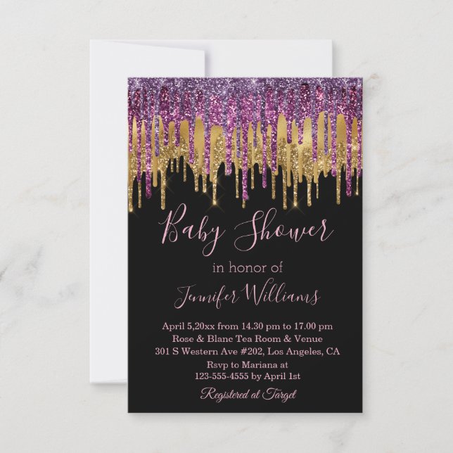 baby shower purple golden dripping glitters black  invitation (Front)
