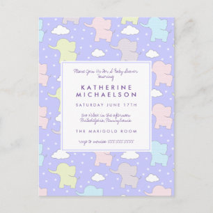 BABY SHOWER   Purple Pastel Elephants Postcard