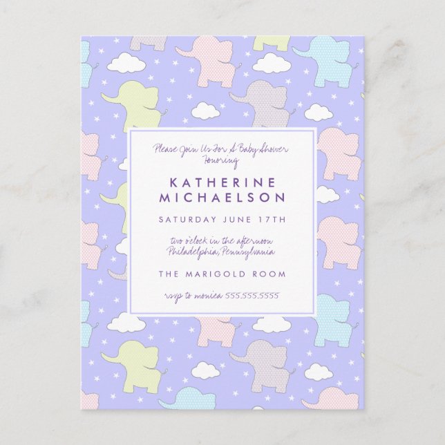BABY SHOWER | Purple Pastel Elephants Postcard (Front)