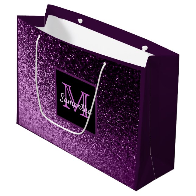 Baby Shower purple pink glitter monogram name Large Gift Bag (Front Angled)