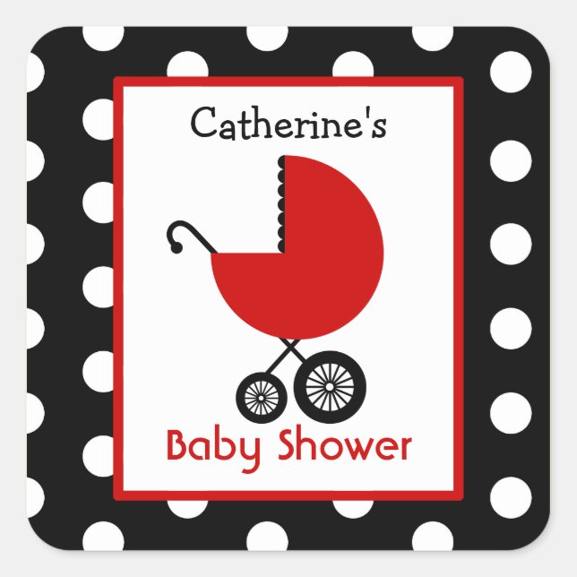 Baby Shower Red Carriage & Polka Dots Square Sticker (Front)