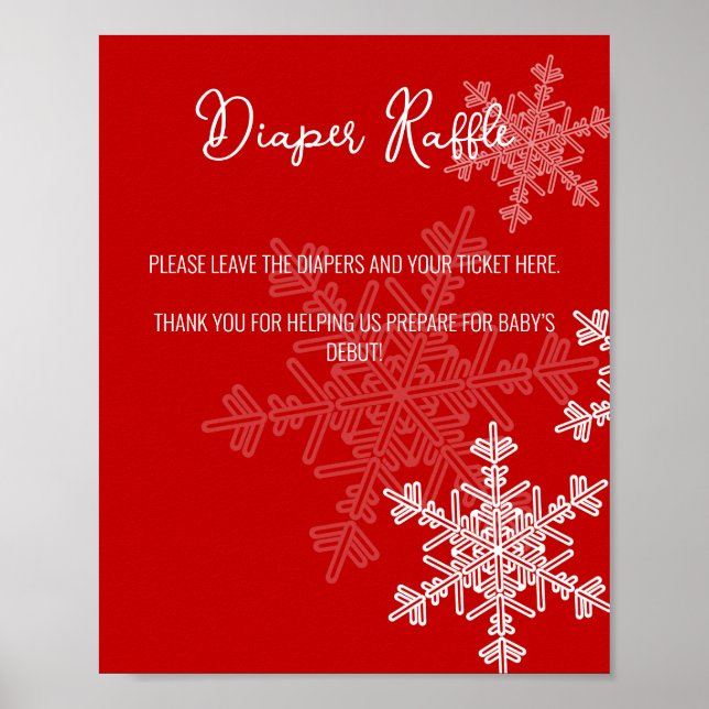 Baby Shower Red Snowflakes Diaper Raffle Sign (Front)