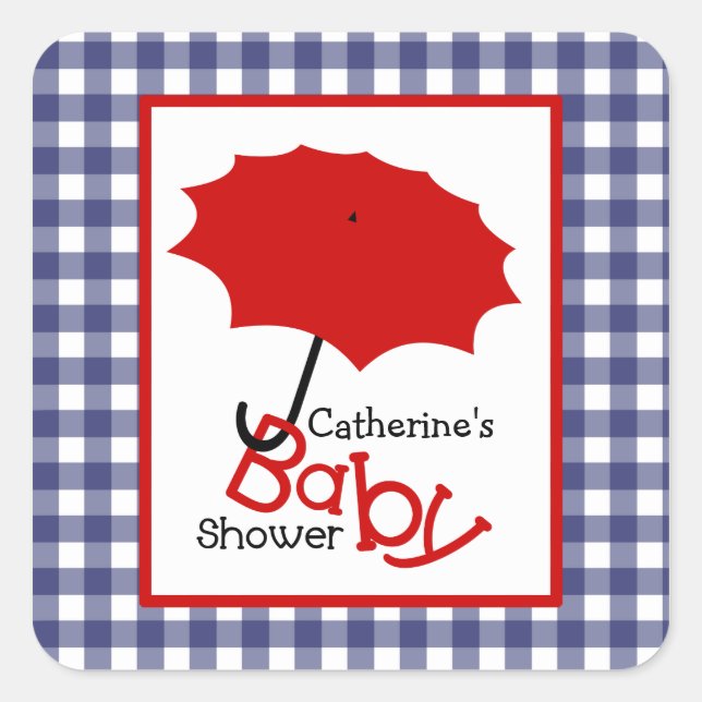 Baby Shower Red Umbrella & Blue Gingham Square Sticker (Front)