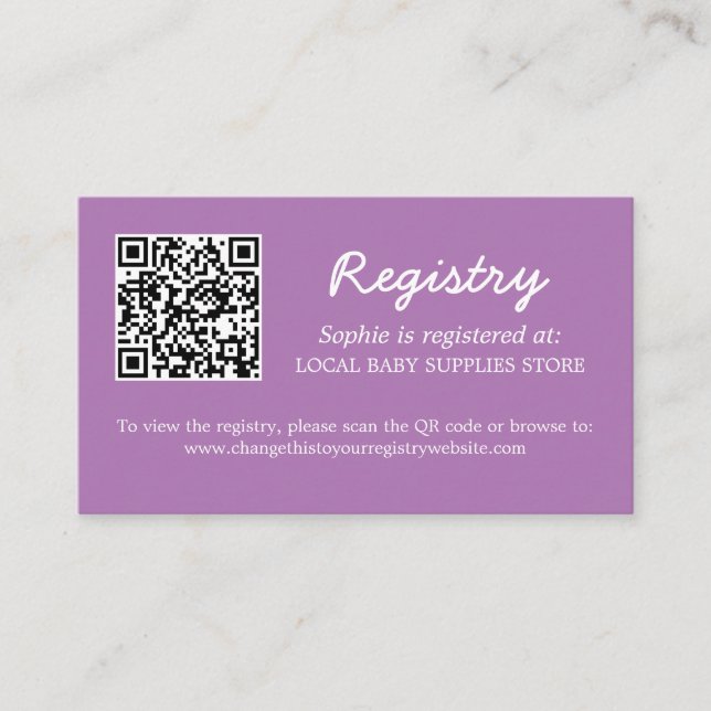 Baby Shower Registry QR Code Soft Purple Enclosure Card (Front)