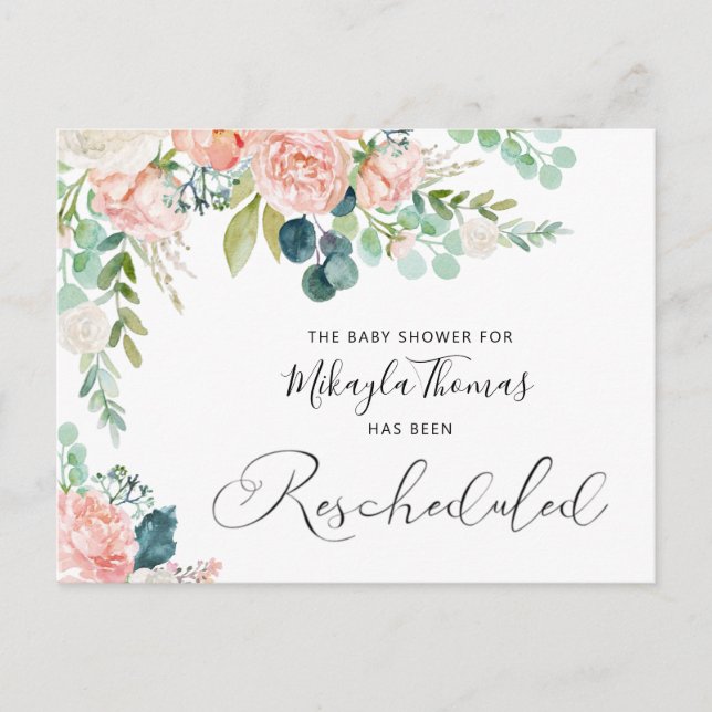 Baby Shower Rescheduled Blush Pink Floral Announcement Postcard (Front)