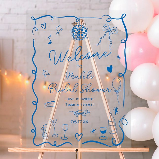 Baby shower rétro bleu illustré à la main (Retro blue hand drawn illustrated bridal shower acrylic sign)