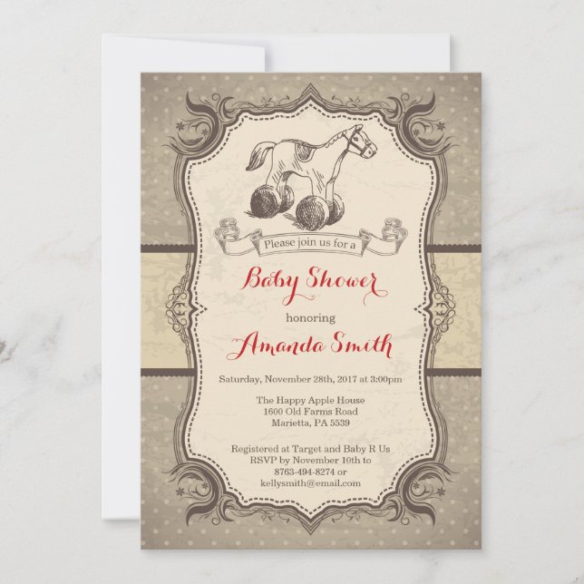 Baby shower Rocking Horse Invitation Vintage Retro (Devant)
