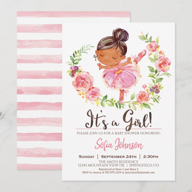 Baby shower rose Ballerina Invitation fille (Devant / Derrière)