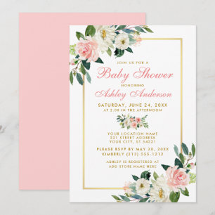 Baby shower Rose Blanc Or Floral Invitation GP