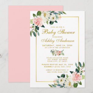 Baby shower Rose Blanc Or Floral Invitation P