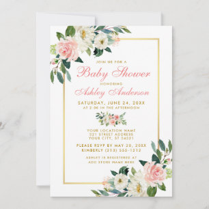Baby shower Rose Blanc Or Floral Invitation Pk