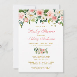 Baby shower rose floral blanc or Invitation GP
