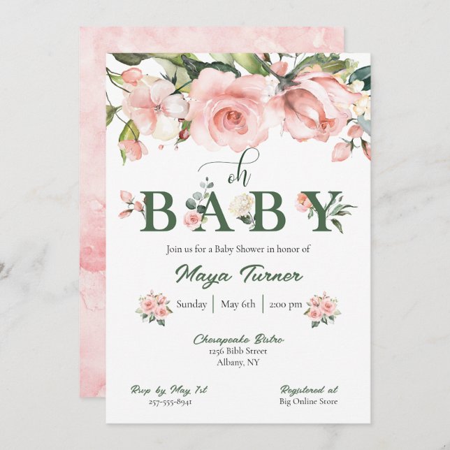 Baby shower rose floral et vert Invitation (Devant / Derrière)