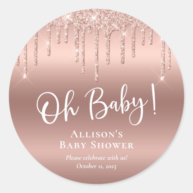 Baby Shower Rose Gold Glitter Classic Round Sticker (Front)
