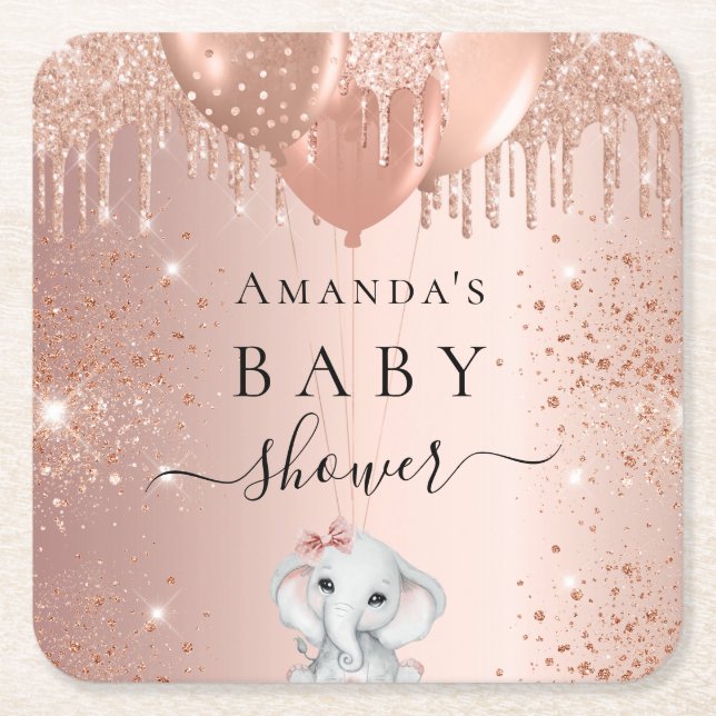 Baby Shower rose gold glitter elephant balloons  Square Paper Coaster (Front)