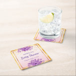 Baby Shower rose gold purple florals name Square Paper Coaster<br><div class="desc">Glamourous with elegant and modern rose gold,  blush pink gradient backdrop for a baby shower. With ultra violet and purple coloured watercolored flowers and golden confetti rain. With the text. Baby Shower. Templates for the mom-to-be's name,  and date of the shower,  purple coloured letters.</div>