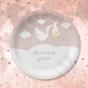 Baby Shower Rose Gold Star Glitter Stork Paper Plate
