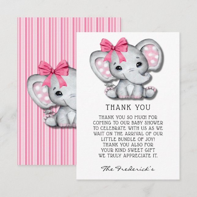 Baby shower rose Grey Elephant Merci Cartes (Devant / Derrière)