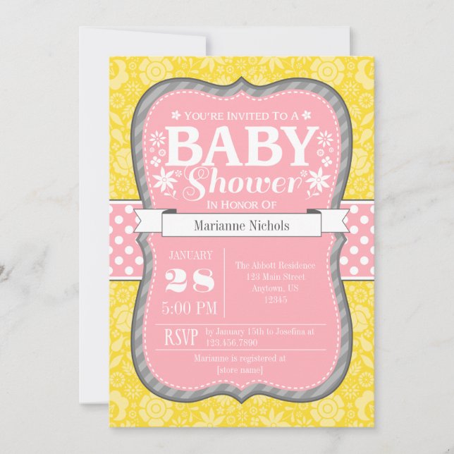 Baby shower rose gris-jaune fleuri Invitation (Devant)