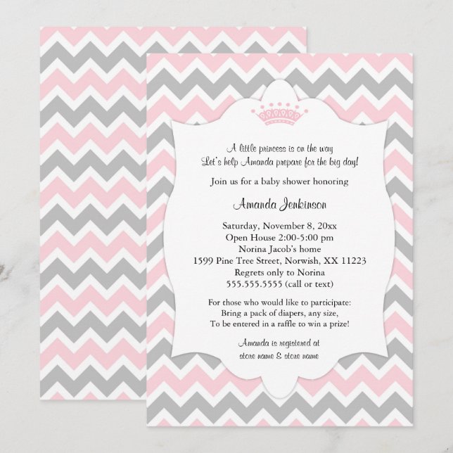 Baby shower rose  invitations / princesse fille (Devant / Derrière)