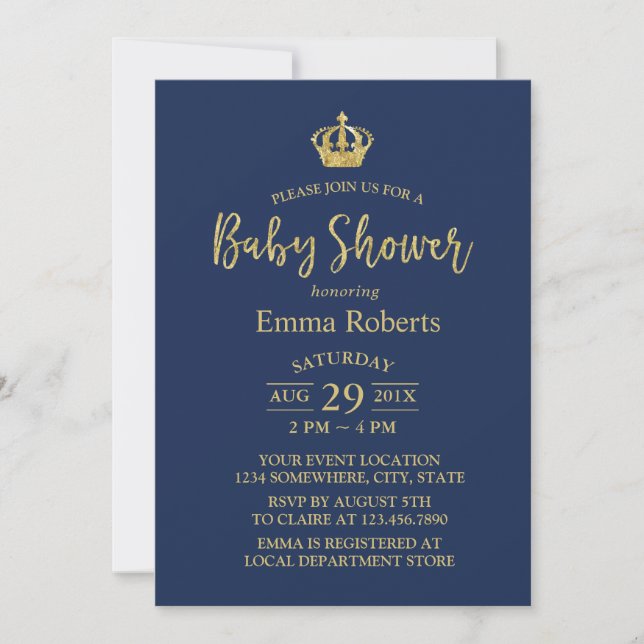 Baby Shower Royal Gold Crown Elegant Navy Blue Invitation (Front)