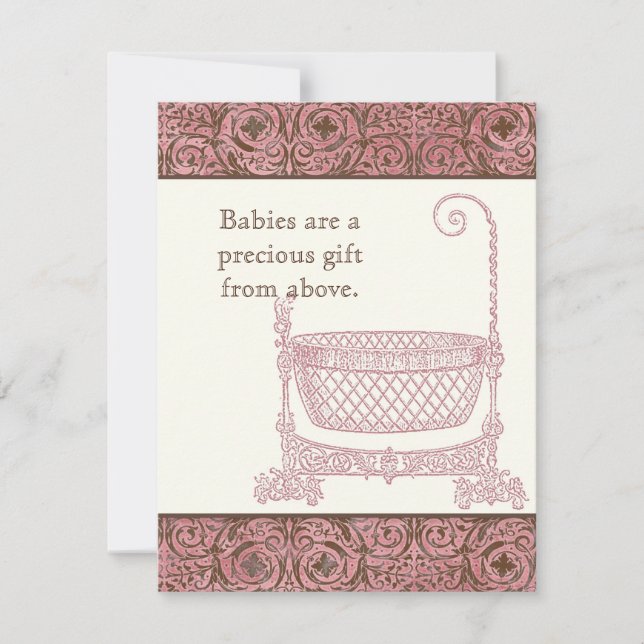 Baby Shower RSVP - Pink Brown Damask Cradle (Front)