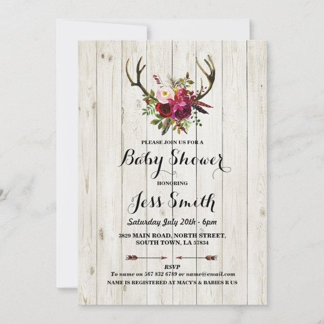 Baby Shower Rustic Antler Floral Wood Party Invite (Front)
