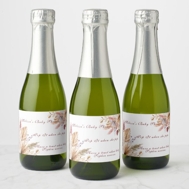 Baby Shower Rustic  Boho Pampas Grass  Sparkling Wine Label (Bottles)