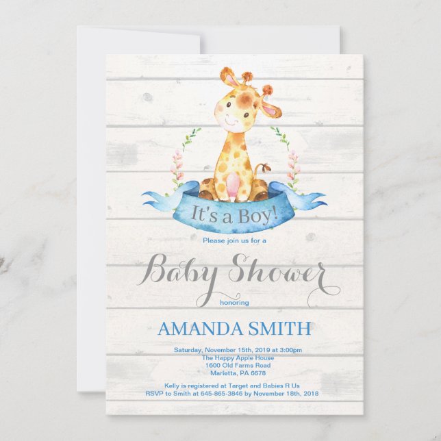 Baby shower Rustic Boy Giraffe Invitation Bleu (Devant)
