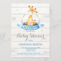 Baby shower Rustic Boy Giraffe Invitation Bleu