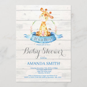 Baby shower Rustic Boy Giraffe Invitation Bleu