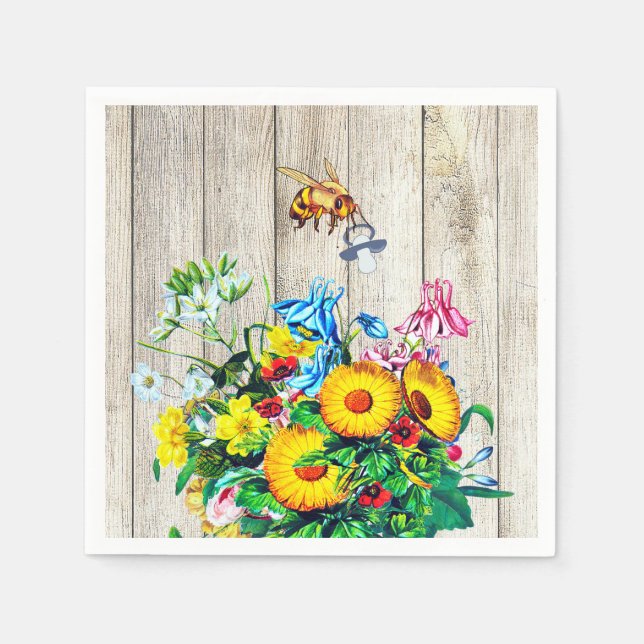 Baby Shower Rustic Floral Bees Pacifier Napkin (Front)