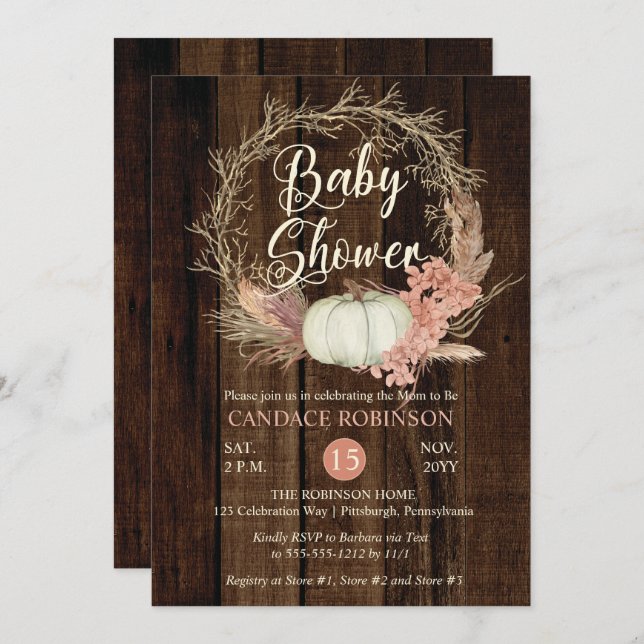 Baby Shower - Rustic Pumpkin Pampas Wreath  Invitation (Front/Back)