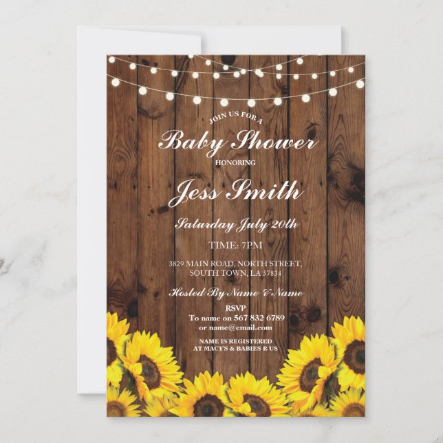 Baby shower Rustic Tournesol Invitation de la fête (Devant)