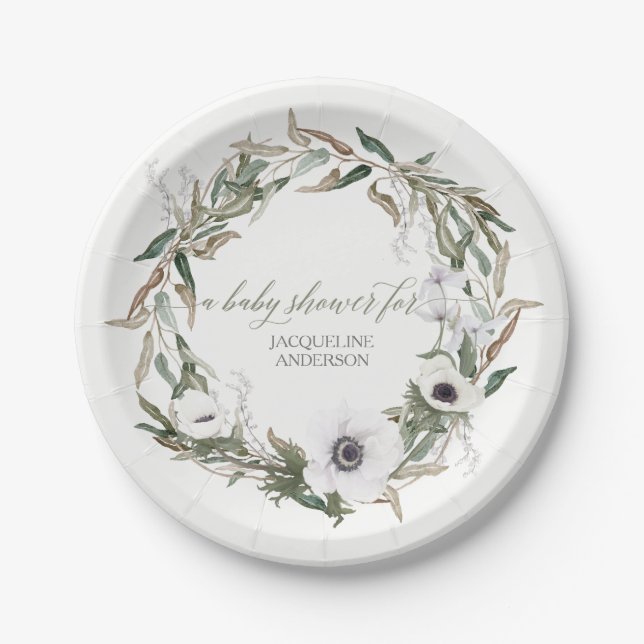 Baby Shower Rustic Wreath Anemone Olive Leaves Paper Plate (Front)