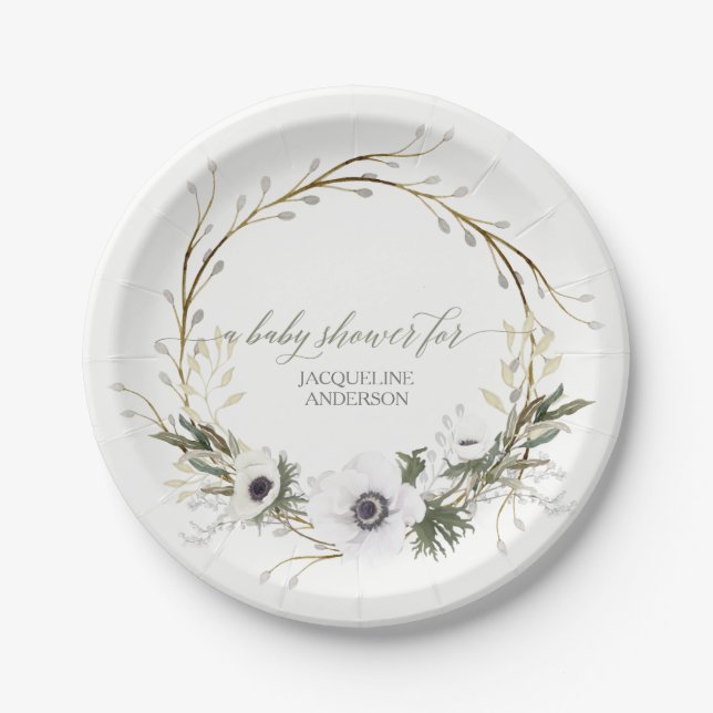 Baby Shower Rustic Wreath Anemone Twig Wreath Paper Plate (Front)